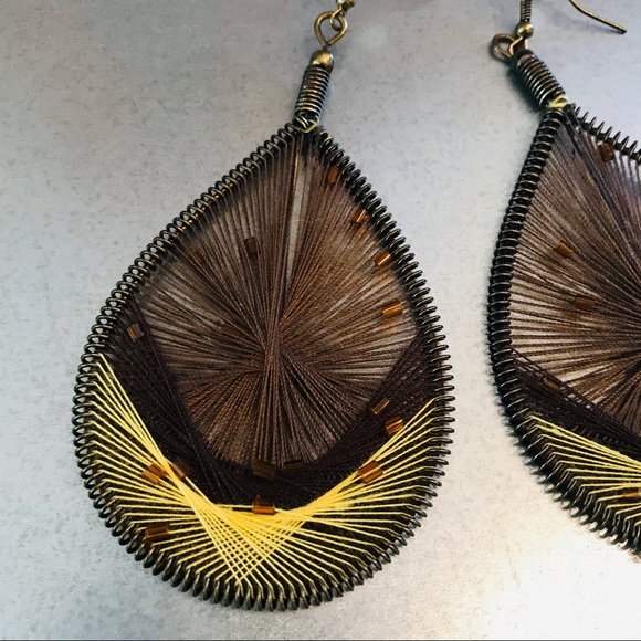 Peruvian Style Yarn Threaded Patina Brass Teardrop - Picture 2 of 3